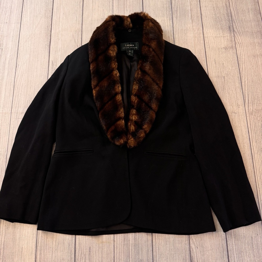 Vintage Lauren Ralph Lauren Worsted Wool Green Label Faux Fur Collar Jacket 12